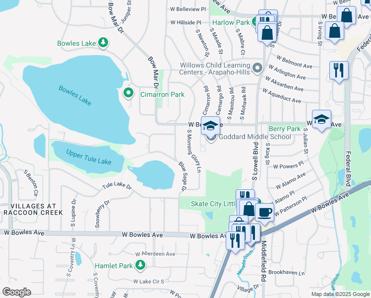 map of restaurants, bars, coffee shops, grocery stores, and more near 5570 South Blue Sage Drive in Littleton
