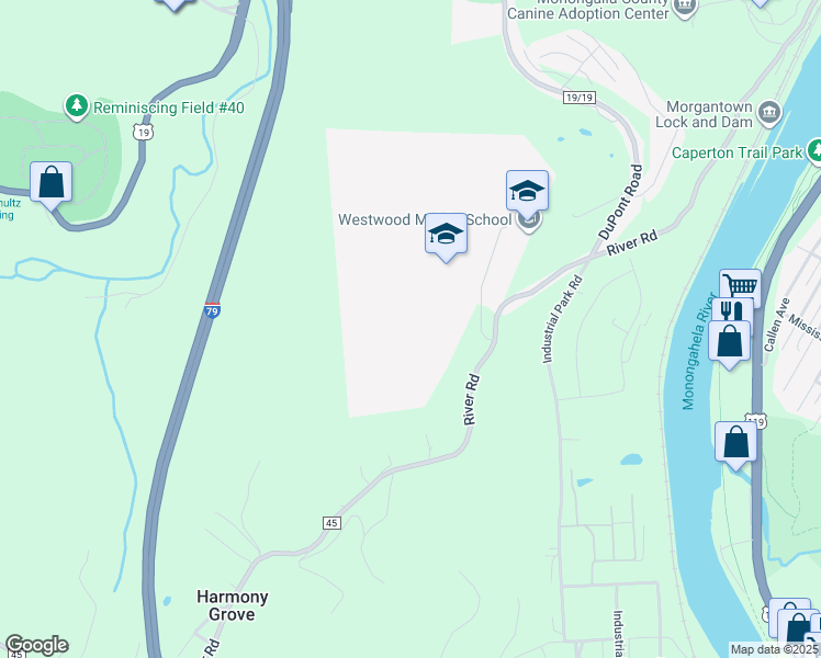 map of restaurants, bars, coffee shops, grocery stores, and more near 740 River Road in Morgantown
