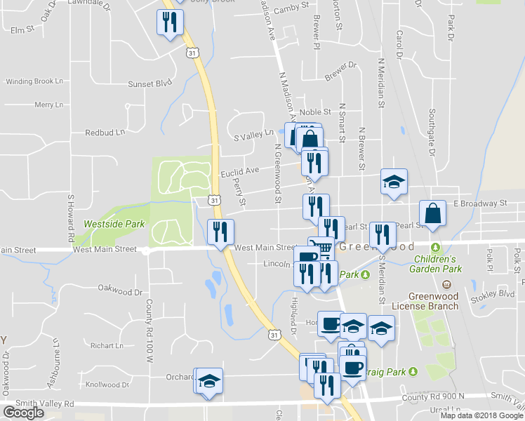 map of restaurants, bars, coffee shops, grocery stores, and more near 451 W Broadway St in Greenwood