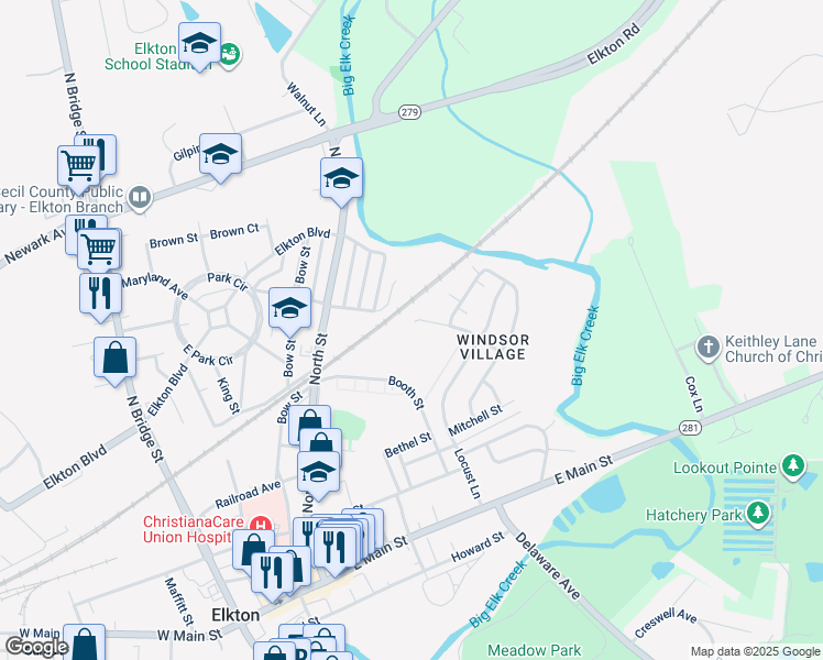 map of restaurants, bars, coffee shops, grocery stores, and more near 255 Douglas Street in Elkton