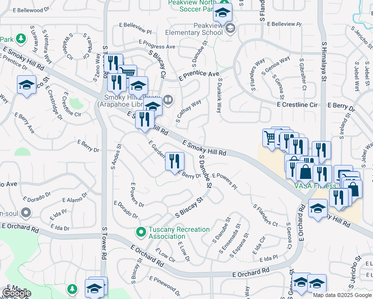 map of restaurants, bars, coffee shops, grocery stores, and more near 19059 East Crestridge Circle in Aurora