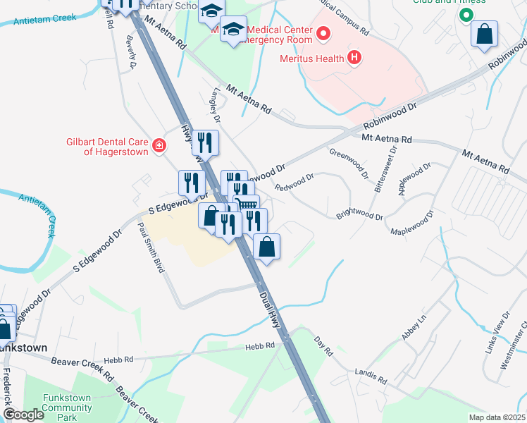 map of restaurants, bars, coffee shops, grocery stores, and more near 203 Edgewood Hill Circle in Hagerstown
