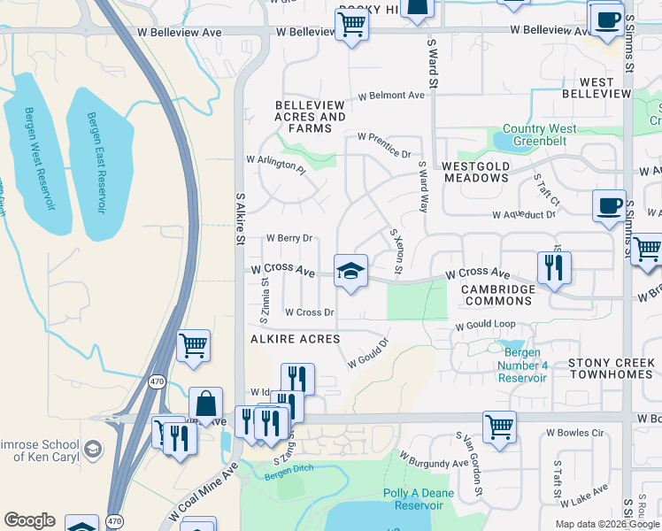 map of restaurants, bars, coffee shops, grocery stores, and more near 5590 South Youngfield Street in Littleton