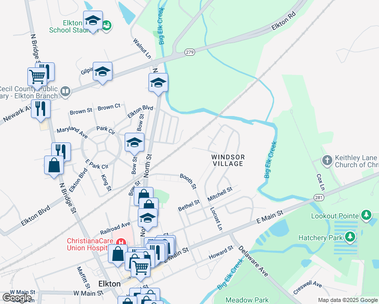 map of restaurants, bars, coffee shops, grocery stores, and more near 255 Douglas Street in Elkton