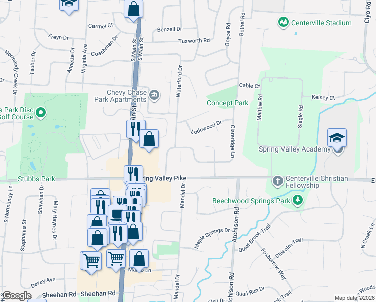 map of restaurants, bars, coffee shops, grocery stores, and more near 575 Clareridge Lane in Dayton