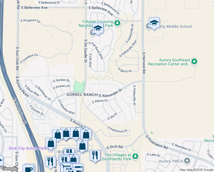 map of restaurants, bars, coffee shops, grocery stores, and more near 24488 East Brandt Avenue in Aurora