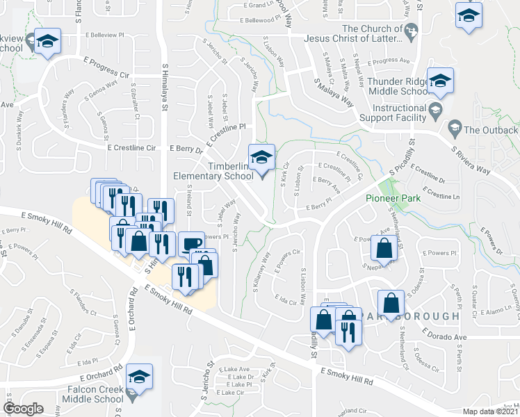 map of restaurants, bars, coffee shops, grocery stores, and more near 5599 South Killarney Street in Centennial