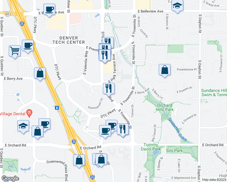 map of restaurants, bars, coffee shops, grocery stores, and more near 5690 Dtc Boulevard in Greenwood Village