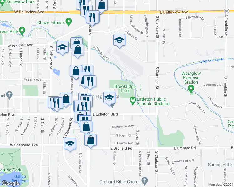 map of restaurants, bars, coffee shops, grocery stores, and more near 5586 South Grant Street in Littleton