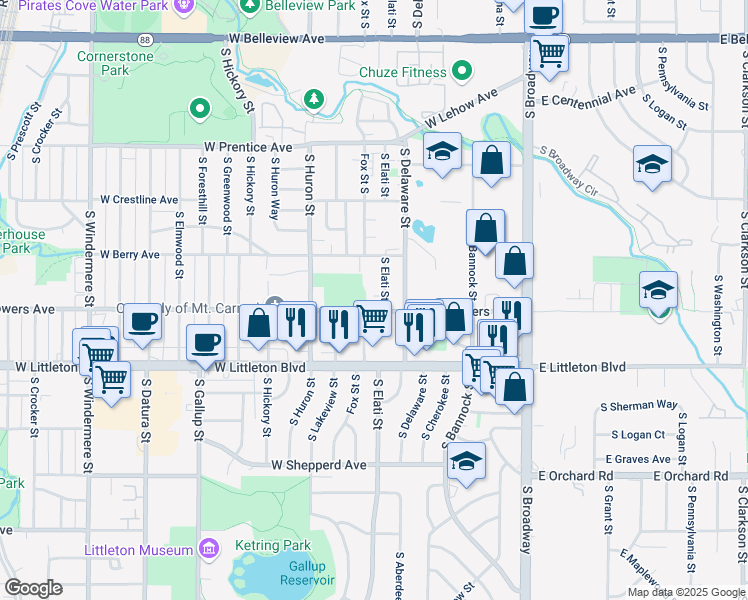 map of restaurants, bars, coffee shops, grocery stores, and more near 498 West Powers Avenue in Littleton