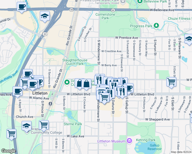 map of restaurants, bars, coffee shops, grocery stores, and more near 5608 South Louthan Street in Littleton