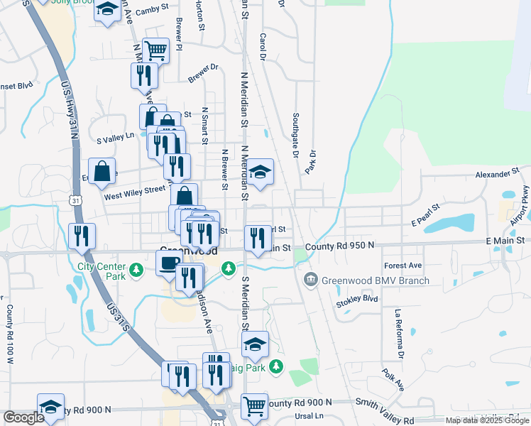 map of restaurants, bars, coffee shops, grocery stores, and more near 102 East Pearl Street in Greenwood