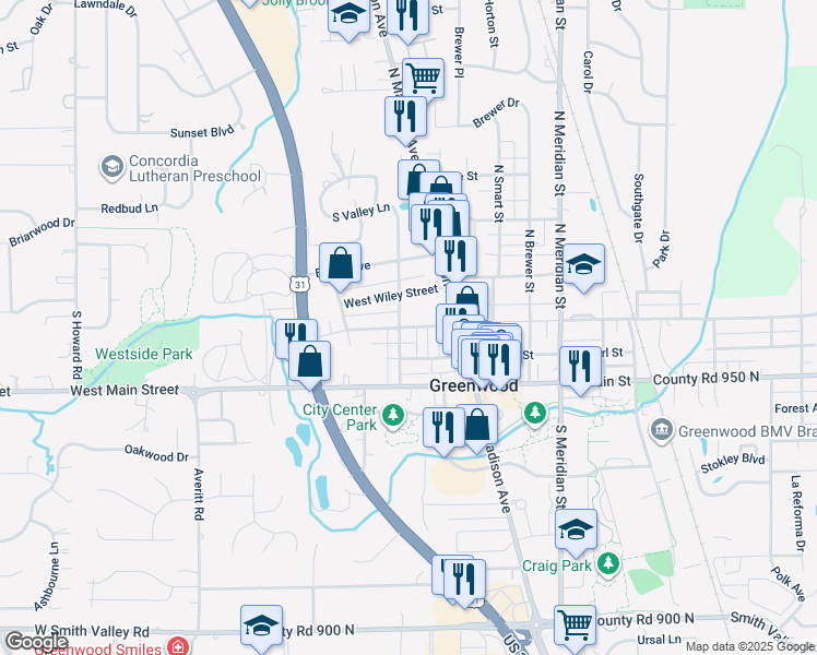map of restaurants, bars, coffee shops, grocery stores, and more near 379 West Broadway Street in Greenwood
