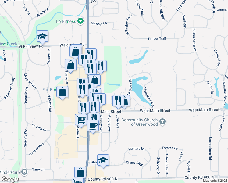 map of restaurants, bars, coffee shops, grocery stores, and more near 155 Melody Avenue in Greenwood