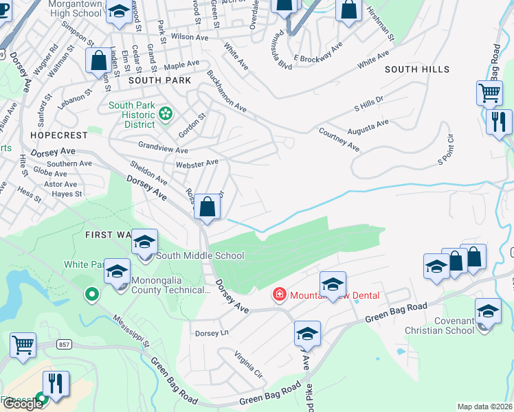 map of restaurants, bars, coffee shops, grocery stores, and more near 1319-1289 Dorsey Avenue in Morgantown