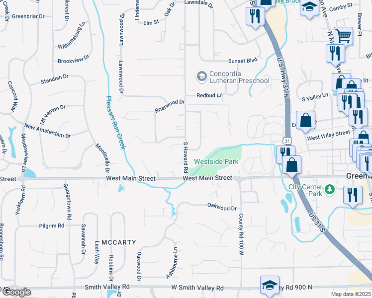 map of restaurants, bars, coffee shops, grocery stores, and more near 256 S Howard Rd in Greenwood