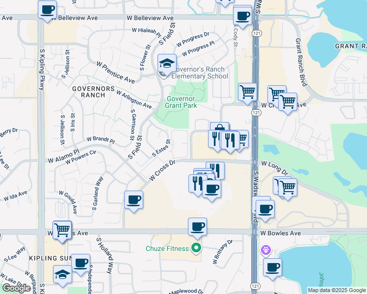 map of restaurants, bars, coffee shops, grocery stores, and more near 9053 West Cross Drive in Littleton