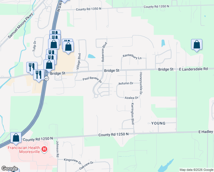 map of restaurants, bars, coffee shops, grocery stores, and more near 101 Paul Revere Drive in Mooresville