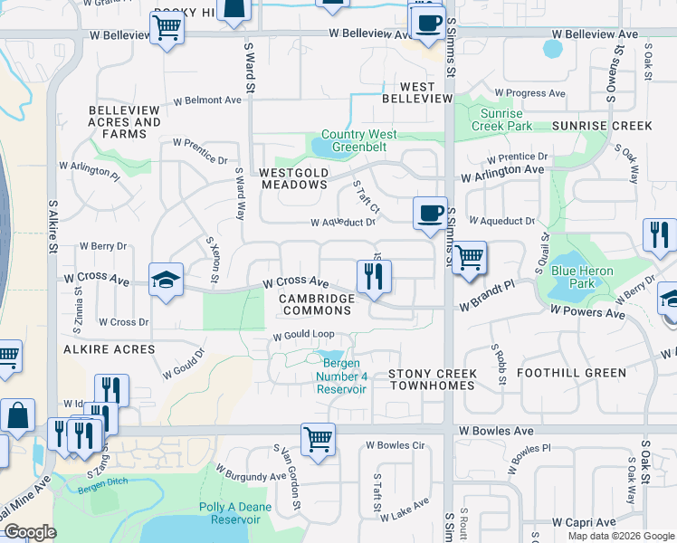 map of restaurants, bars, coffee shops, grocery stores, and more near 11916 West Brandt Place in Littleton