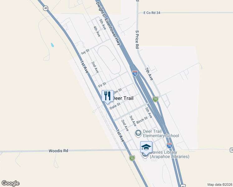 map of restaurants, bars, coffee shops, grocery stores, and more near in Deer Trail