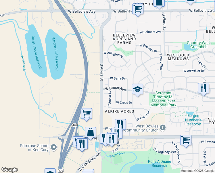 map of restaurants, bars, coffee shops, grocery stores, and more near 13163 West Cross Place in Littleton