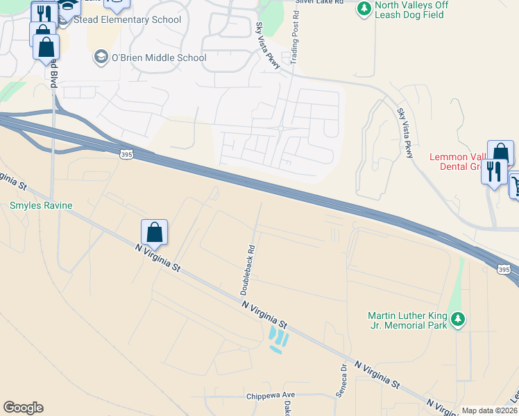 map of restaurants, bars, coffee shops, grocery stores, and more near 300 Doubleback Road in Reno