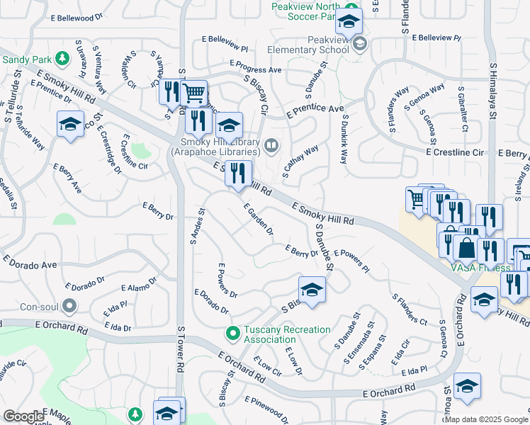 map of restaurants, bars, coffee shops, grocery stores, and more near 18928 East Crestridge Circle in Aurora