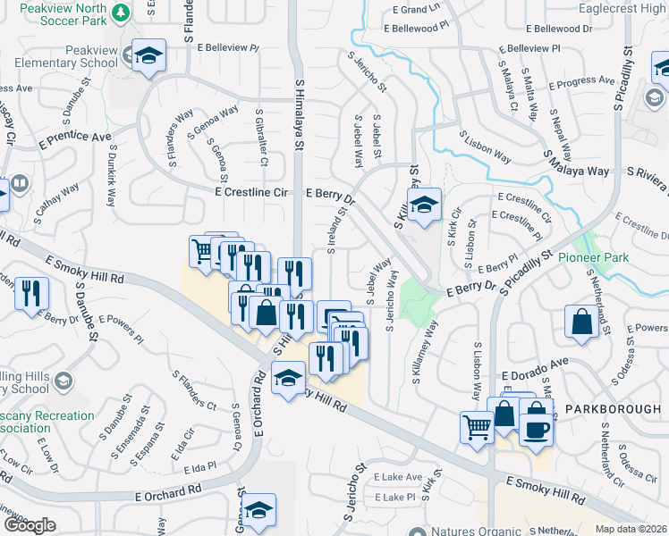 map of restaurants, bars, coffee shops, grocery stores, and more near 5596 South Ireland Street in Centennial