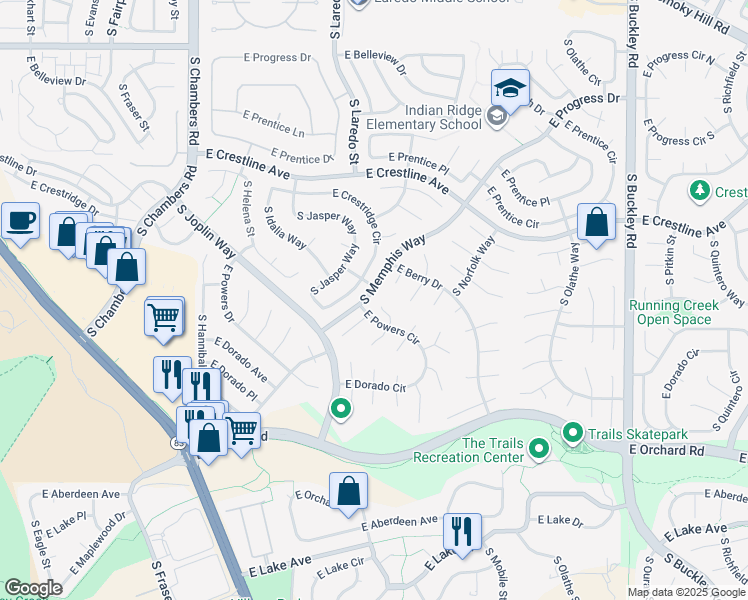 map of restaurants, bars, coffee shops, grocery stores, and more near 5631 South Kittredge Lane in Centennial