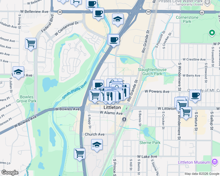 map of restaurants, bars, coffee shops, grocery stores, and more near 5613 South Prince Street in Littleton