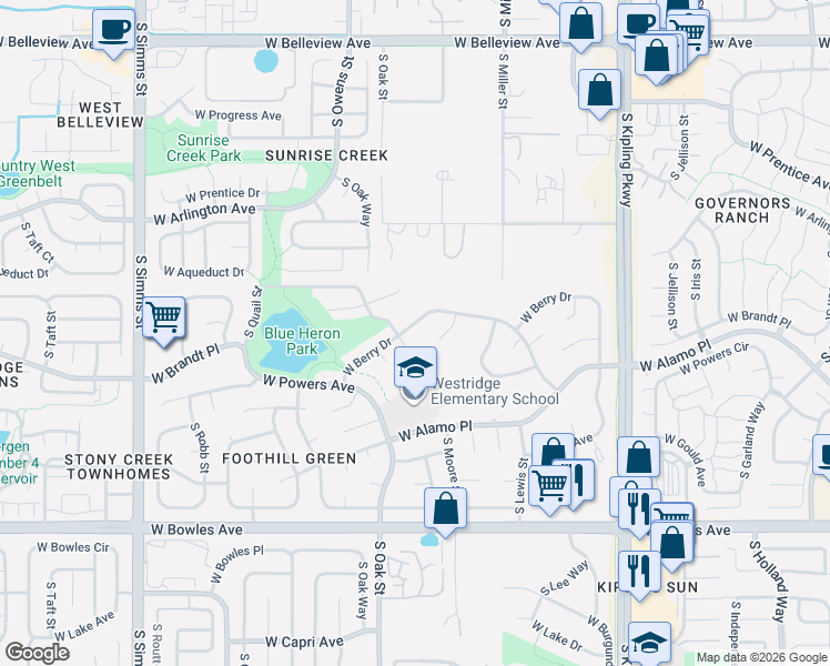 map of restaurants, bars, coffee shops, grocery stores, and more near 5525 South Newcombe Street in Littleton