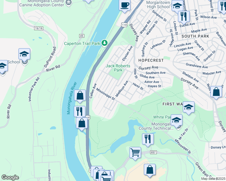 map of restaurants, bars, coffee shops, grocery stores, and more near 668 West Virginia Avenue in Morgantown