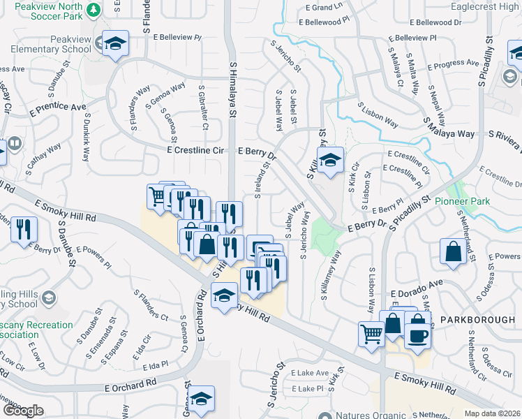 map of restaurants, bars, coffee shops, grocery stores, and more near 5596 South Ireland Street in Centennial