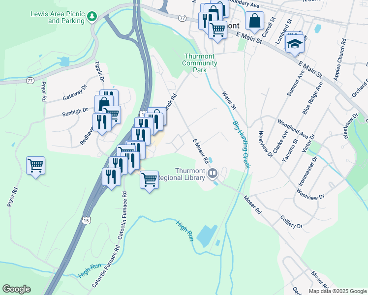 map of restaurants, bars, coffee shops, grocery stores, and more near 107 Old Oak Place in Thurmont