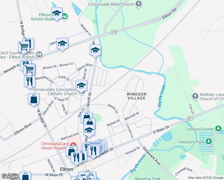 map of restaurants, bars, coffee shops, grocery stores, and more near 255 Douglas Street in Elkton