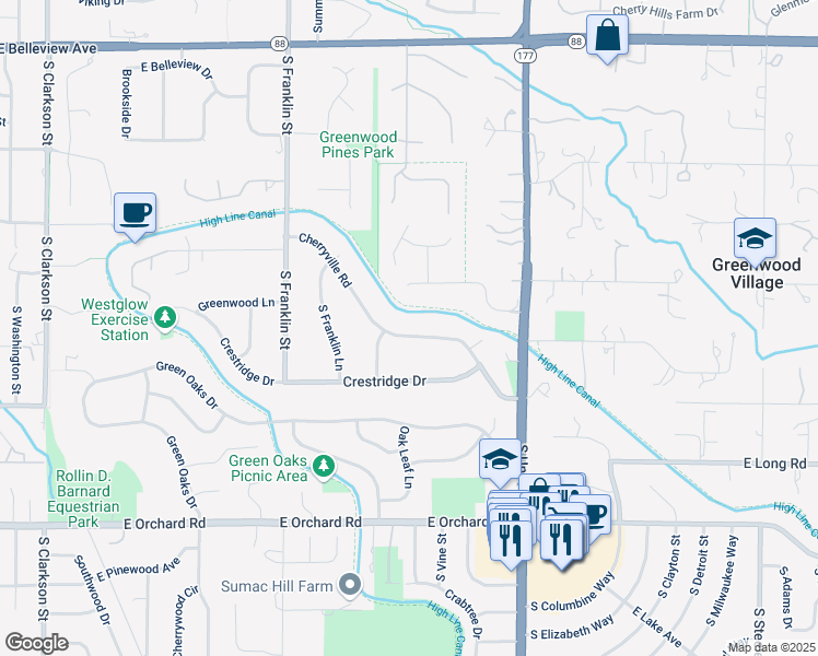 map of restaurants, bars, coffee shops, grocery stores, and more near 2050 Cherryville Road in Greenwood Village