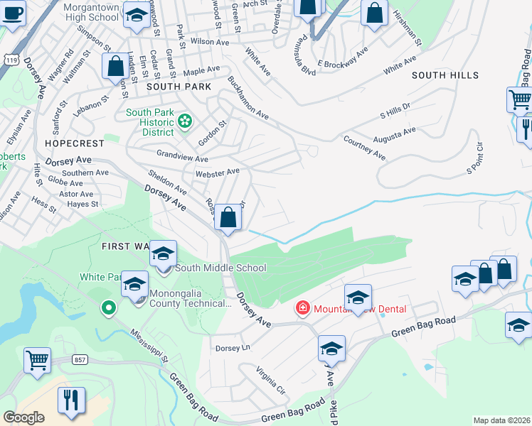 map of restaurants, bars, coffee shops, grocery stores, and more near 1319-1289 Dorsey Avenue in Morgantown