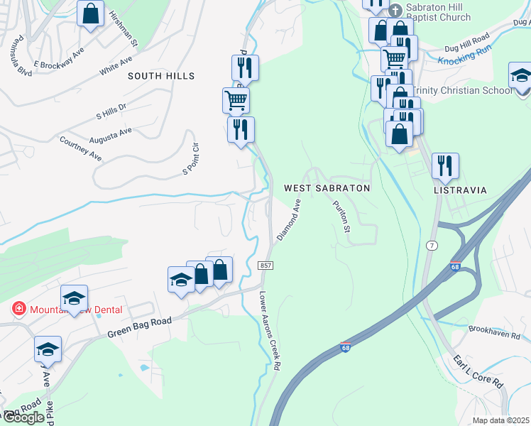 map of restaurants, bars, coffee shops, grocery stores, and more near Newbrough Village in Morgantown