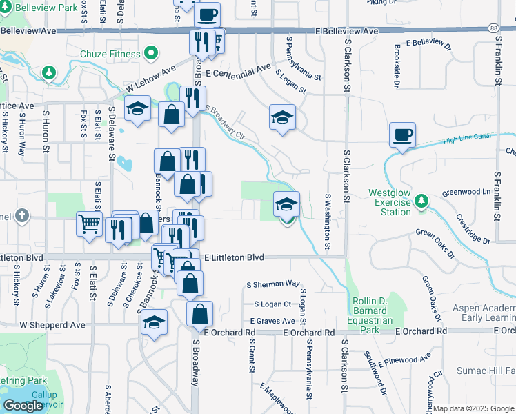 map of restaurants, bars, coffee shops, grocery stores, and more near 5586 South Grant Street in Littleton