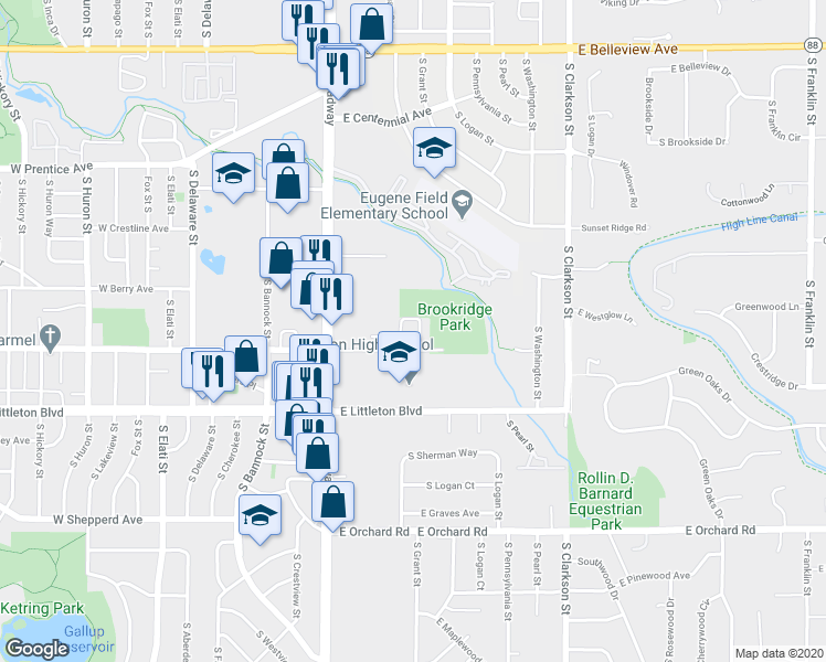 map of restaurants, bars, coffee shops, grocery stores, and more near 5560 South Sherman Street in Littleton