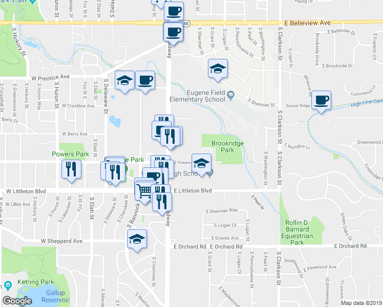map of restaurants, bars, coffee shops, grocery stores, and more near 57 East Powers Avenue in Littleton