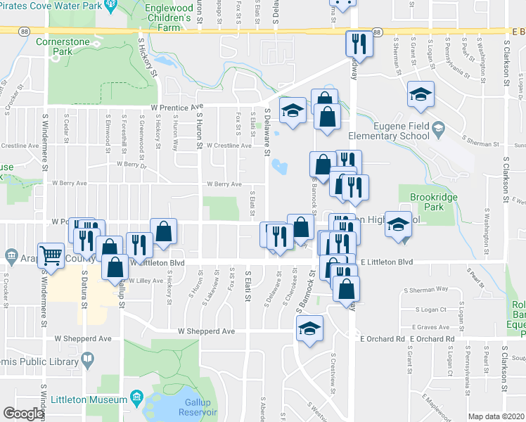 map of restaurants, bars, coffee shops, grocery stores, and more near 498 West Powers Avenue in Littleton