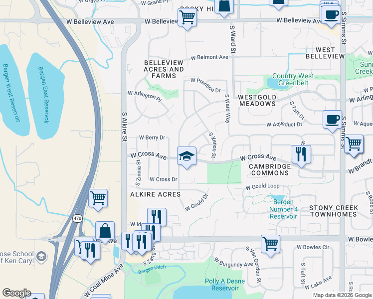 map of restaurants, bars, coffee shops, grocery stores, and more near 5590 South Youngfield Street in Littleton
