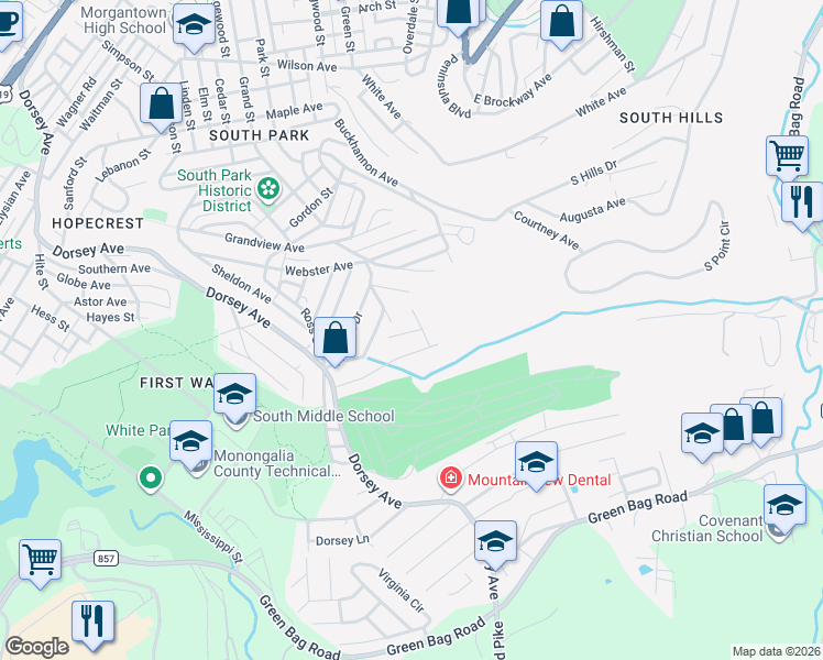 map of restaurants, bars, coffee shops, grocery stores, and more near 1319-1289 Dorsey Avenue in Morgantown