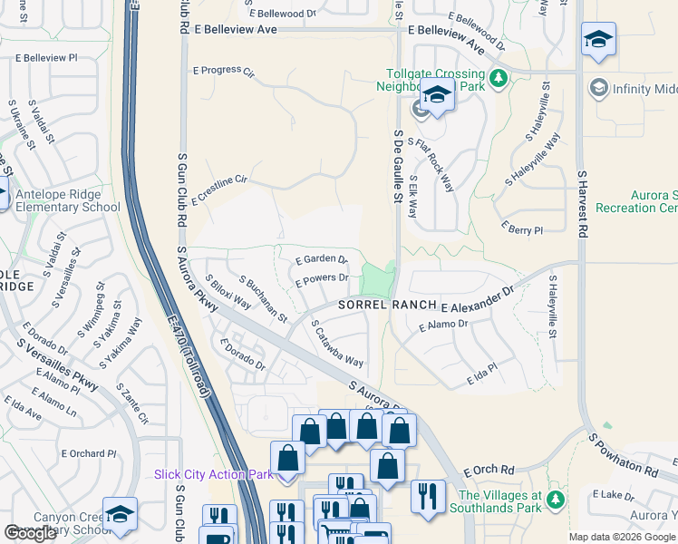 map of restaurants, bars, coffee shops, grocery stores, and more near 23905 East Powers Drive in Aurora