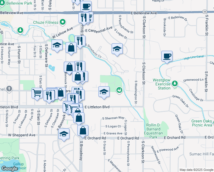map of restaurants, bars, coffee shops, grocery stores, and more near 5586 South Grant Street in Littleton