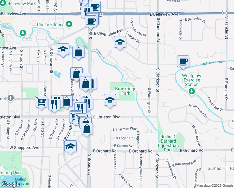 map of restaurants, bars, coffee shops, grocery stores, and more near 5554 South Grant Street in Littleton