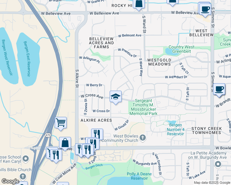 map of restaurants, bars, coffee shops, grocery stores, and more near 5590 South Youngfield Street in Littleton