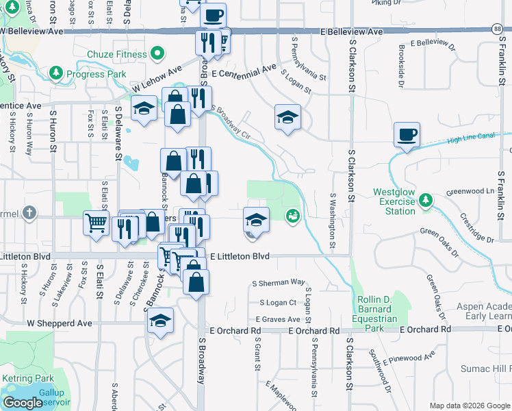map of restaurants, bars, coffee shops, grocery stores, and more near 5547 South Grant Street in Littleton