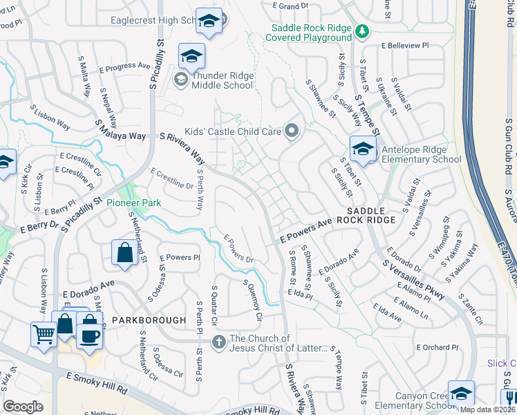 map of restaurants, bars, coffee shops, grocery stores, and more near 5569 South Quemoy Circle in Aurora